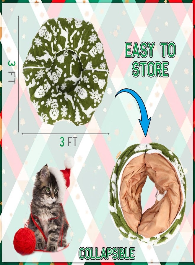 Yeyeplum Cat Tunnel Christmas Tree Skirt 3 ft x 3 ft x 10 Inch Cat Bed Donut Cave Indoor Fluffy Circular with Mat and Ball Playground Toys for Festive Kitten Puppy Ferret Rabbit(Green,Elk) - Image 2